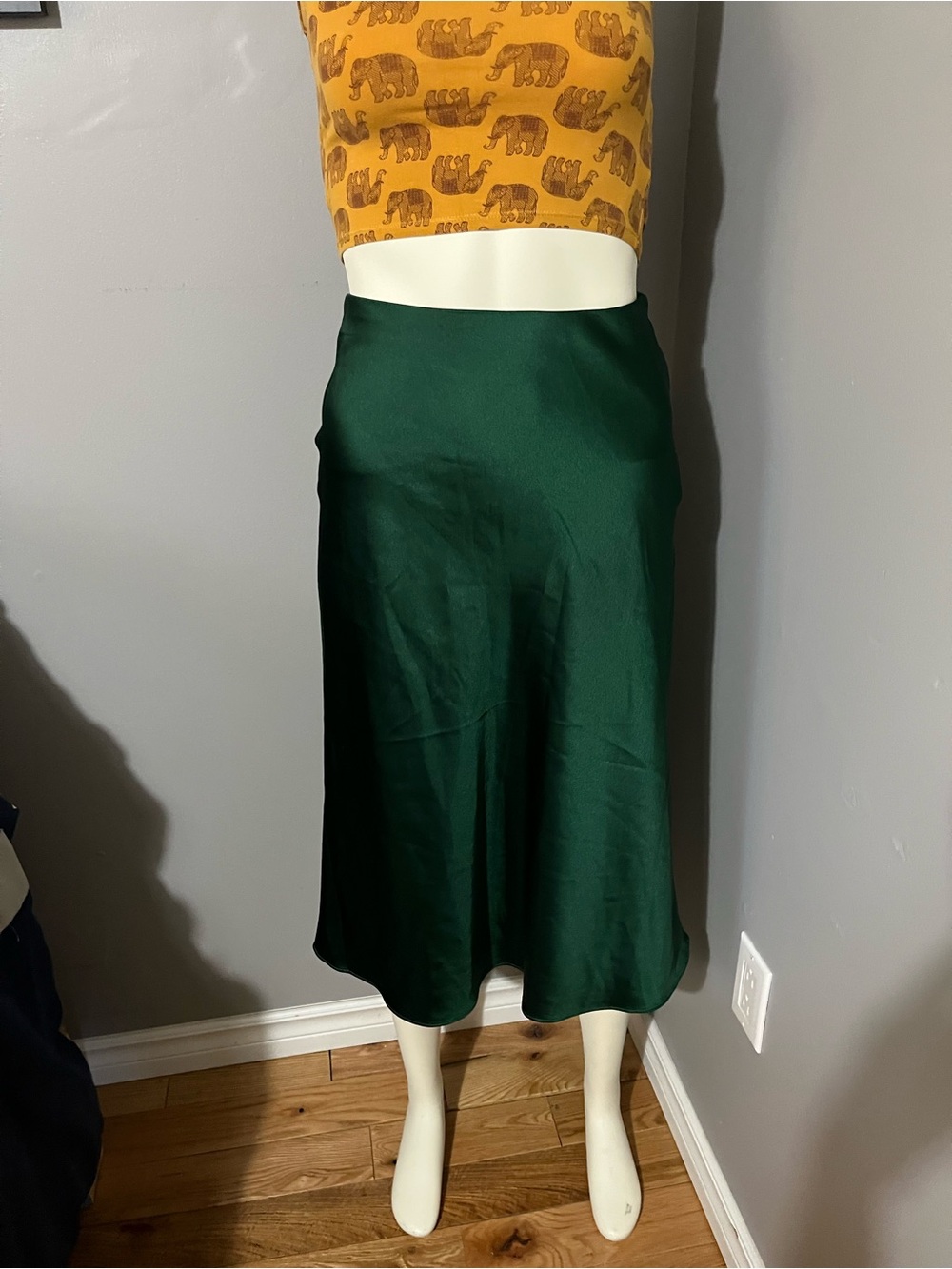 Classic Emerald Green Satin Midi Skirt